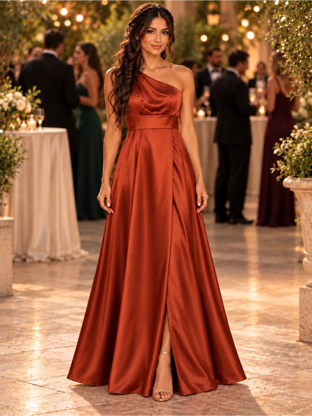 Galina Signature Cinnamon One-Shoulder Satin Evening Gown